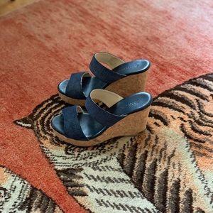 Jimmy Choo denim/cork high wedge sandal